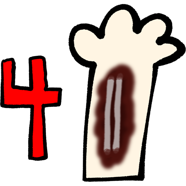 A pale white arm with a red 4 next to it. The arm has a very dark red blotch on it. Inside the blotch are two bones (radius and ulna).